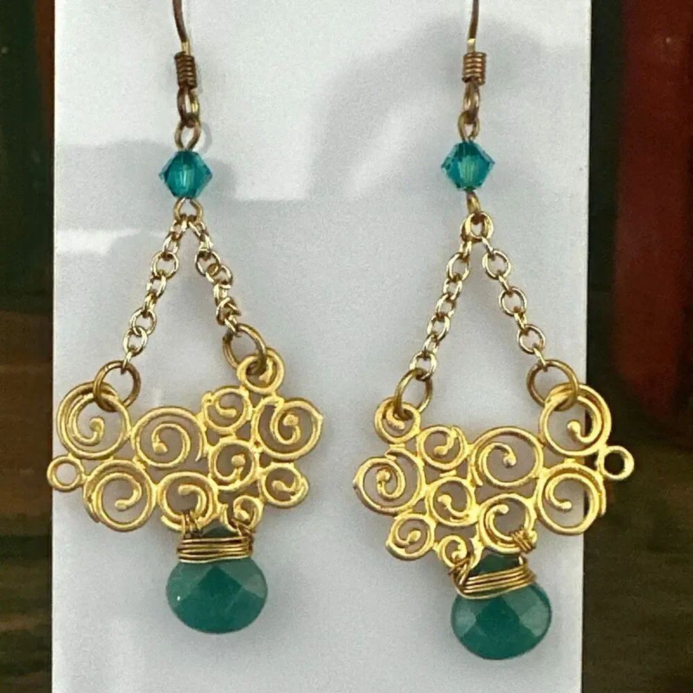 Artisan GoldโTone Scroll Earrings with Green Crystals